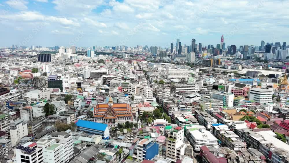 Bangkok, Thailand: Aerial view of Wat Samphanthawong Saram Worawihan (Wat Koh), famous Buddhist temple in Thai capital city - landscape panorama of Southeast Asia from above