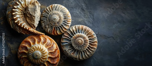 Fossilized shells of ammonites extinct mollusc. with copy space image. Place for adding text or design © vxnaghiyev