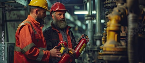 Bearded worker demonstrating fire extinguishers to mature inspector while working on power station. with copy space image. Place for adding text or design