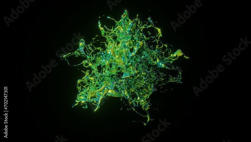 Green liquid explosion in 3D illustration, capturing a high-detail, dynamic splash against a stark black background.