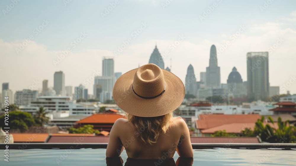 Rear view of a young woman in a swimsuit and a straw hat sitting in a swimming pool with a view of the city