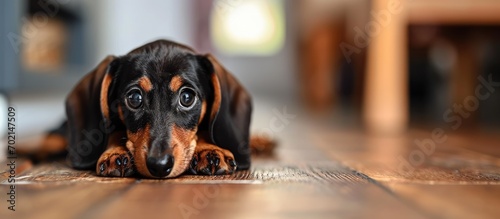 Cute dachshund puppy lying on human knees. with copy space image. Place for adding text or design photo