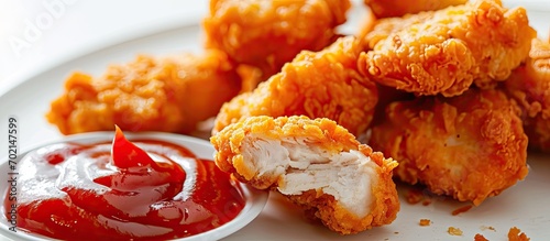 Fried crispy chicken nuggets with ketchup on white board. with copy space image. Place for adding text or design photo