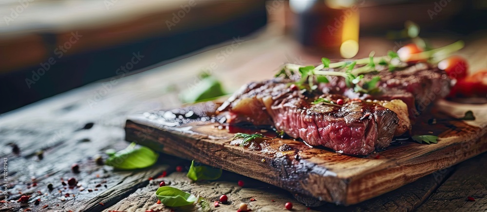 Closeup view of beef strip steak on cutting board. with copy space image. Place for adding text or design