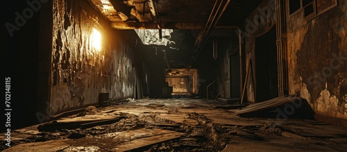 Dark burnt abandoned Soviet bunker after fire. with copy space image. Place for adding text or design