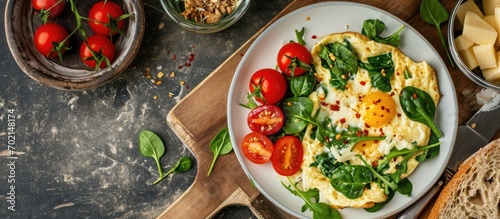 A wholesome breakfast of spinach omelette cherry tomatoes grated cheese fresh veggies and whole grain bread. with copy space image. Place for adding text or design