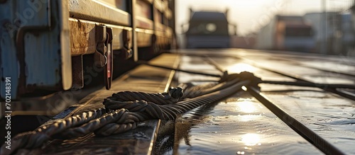 Engineer action to using ratchet tie down strapping round steel bar onto the truck. with copy space image. Place for adding text or design photo