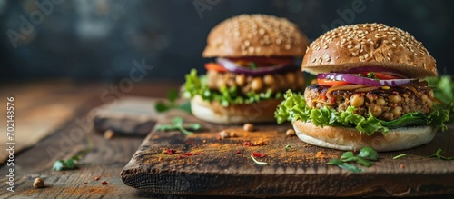 Delicious Mexican vegan burger with chickpeas onion lettuce and spicy chili sauce. with copy space image. Place for adding text or design photo
