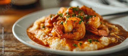 A pan of delicious fresh homemade cajun style shrimp and grits with cheddar biscuit. with copy space image. Place for adding text or design photo