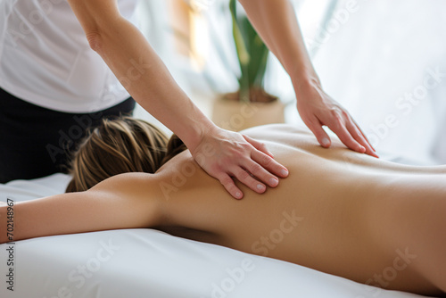 Young woman receiving back massage in spa salon. Beauty treatment concept.