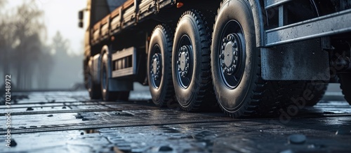 Big Semi Trailer Truck Wheels Tires Rubber Wheel Tyres Freight Trucks Transport Logistics. with copy space image. Place for adding text or design photo