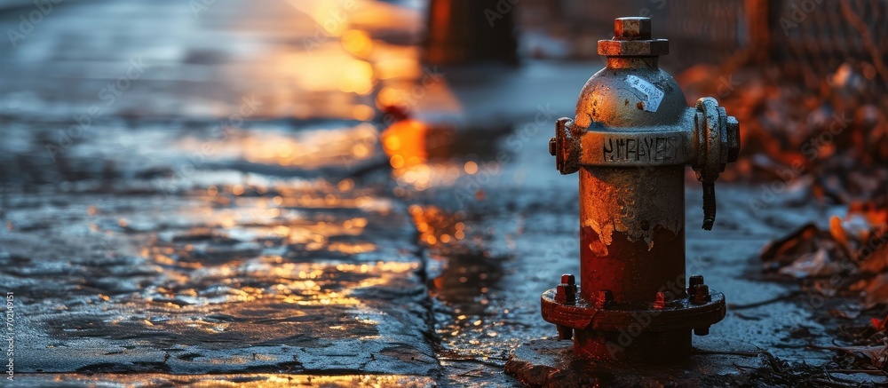A fire hydrant is adjacent to a sidewalk pipe cover labeled WATER. with copy space image. Place for adding text or design A fire hydrant is adjacent to a sidewalk pipe cover labeled WATER. with copy space image. Place for adding text or design