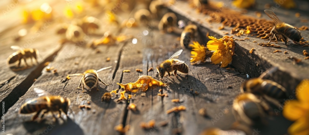 Bees in a hive crawl on wooden frames with honey Honeycombs are visible Organic honey production. with copy space image. Place for adding text or design Bees in a hive crawl on wooden frames with honey Honeycombs are visible Organic honey production. with copy space image. Place for adding text or design