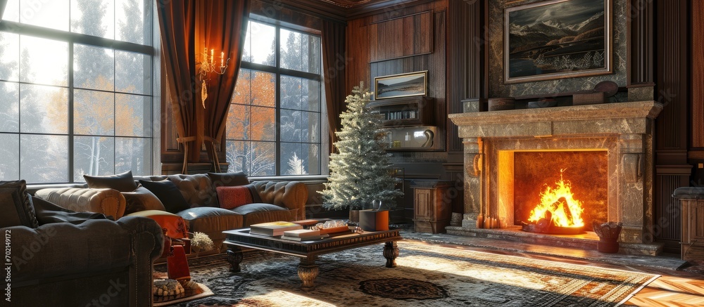 Furnished living Room in Luxury Home with Roaring Fire in Fireplace. with copy space image. Place for adding text or design Furnished living Room in Luxury Home with Roaring Fire in Fireplace. with copy space image. Place for adding text or design
