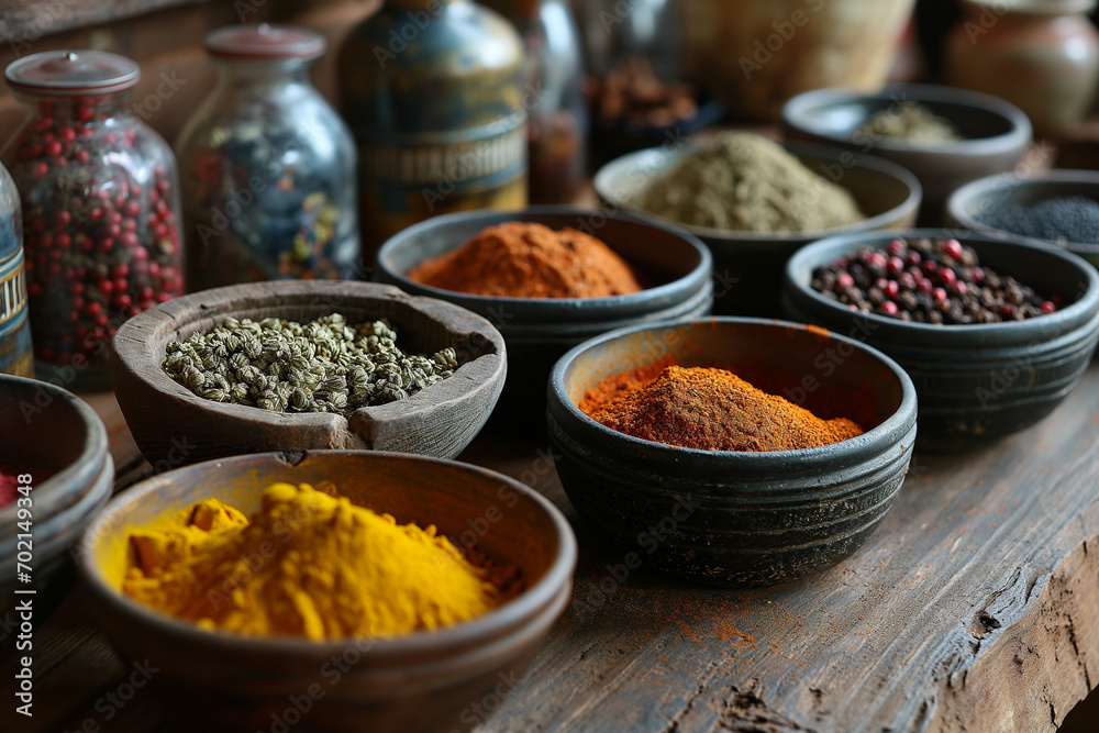 Explore rich colors and textures as assorted spices take center stage in a close up shot within a rustic kitchen setting. Ai generated