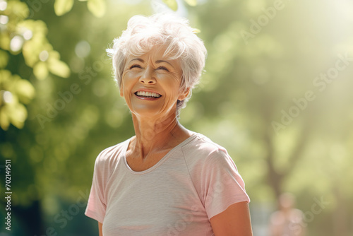 A close-up portrait of a naturally beautiful elderly gray-haired woman standing in a summer park in a white T-shirt. Cute mature kind woman in the fresh air.