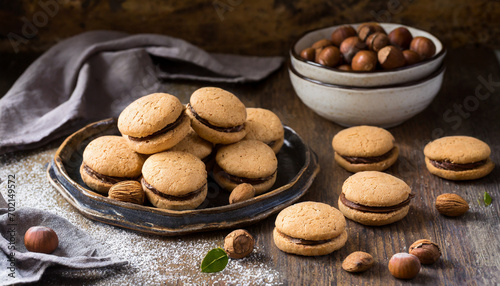 Baci di dama italian hazelnut biscuits cookies with chocolate cream, rustic style photo