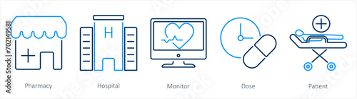 A set of 5 Health Checkup icons as pharmacy, hospital, monitor