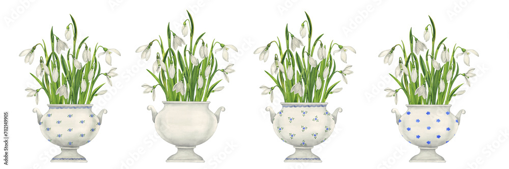 A set of bouquets of snowdrops in porcelain vases. Watercolor botanical illustration in vintage style. Set of isolated elements on a white background - obrazy, fototapety, plakaty 
