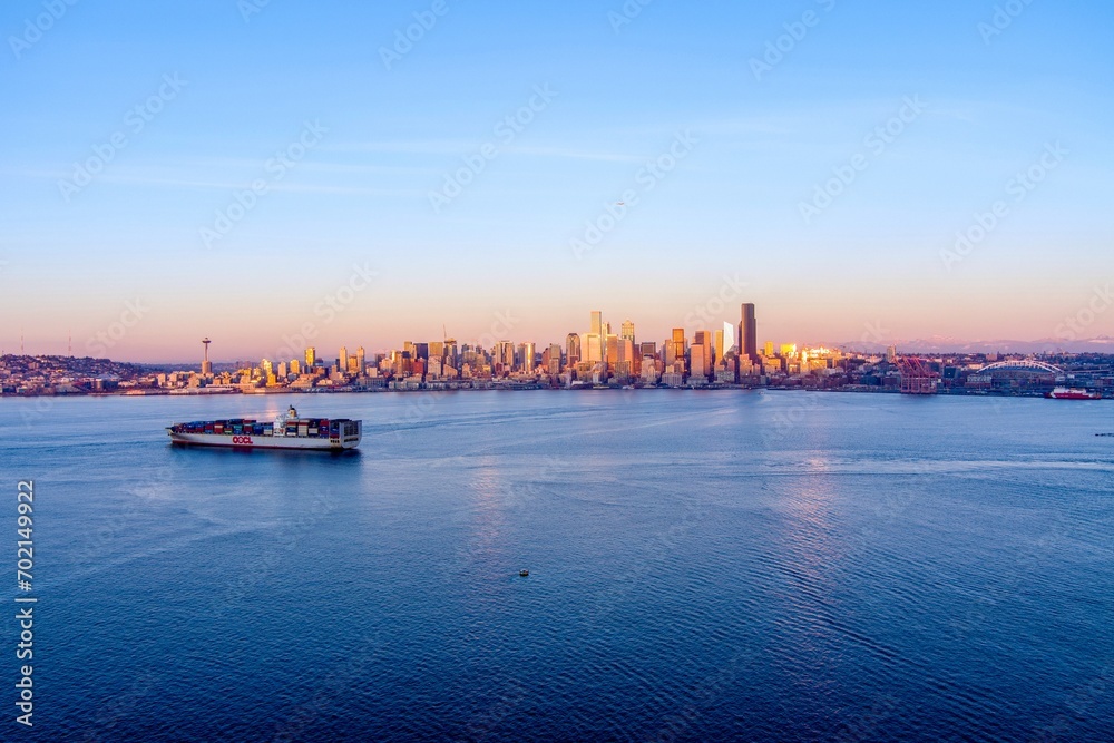 The Seattle waterfront skyline at sunset in December