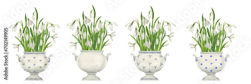 A set of bouquets of snowdrops in porcelain vases. Watercolor botanical illustration in vintage style. Set of isolated elements on a white background