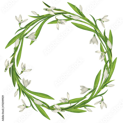 Fototapeta Naklejka Na Ścianę i Meble -  A simple wreath of snowdrop leaves and flowers. Watercolor illustration in vintage style. Blank for cards, decoration of towels, pillows