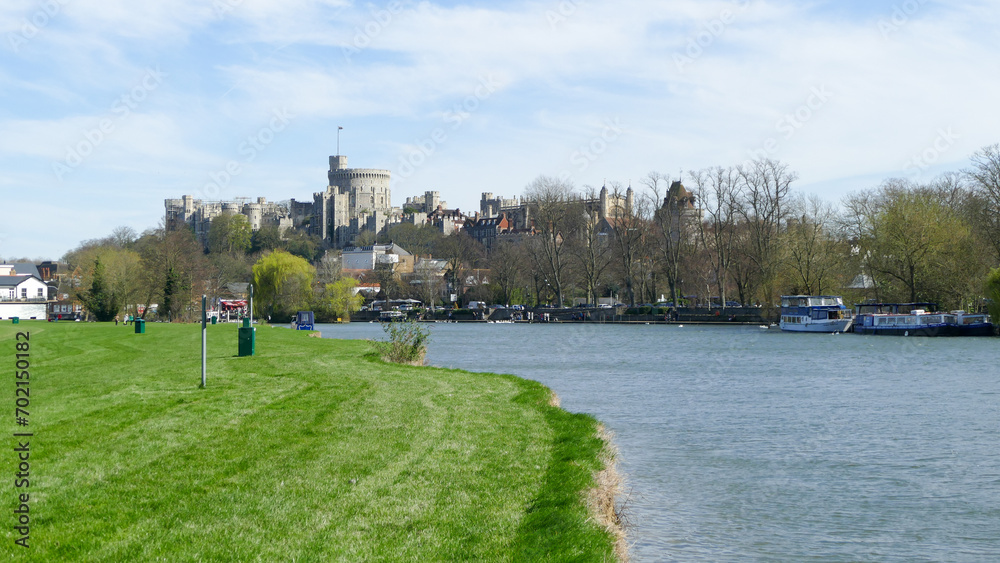 Windsor Castle above Thames River, royal residence in Windsor, England, United Kingdom