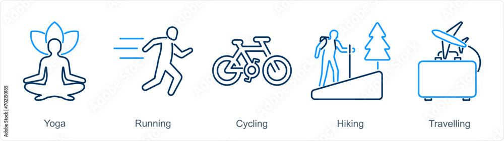 A set of 5 Hobby icons as yoga, running, cycling A set of 5 Hobby icons as yoga, running, cycling