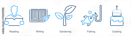 A set of 5 Hobby icons as reading, writing, gardening