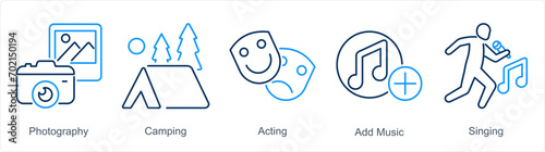 A set of 5 Hobby icons as photography, camping, acting