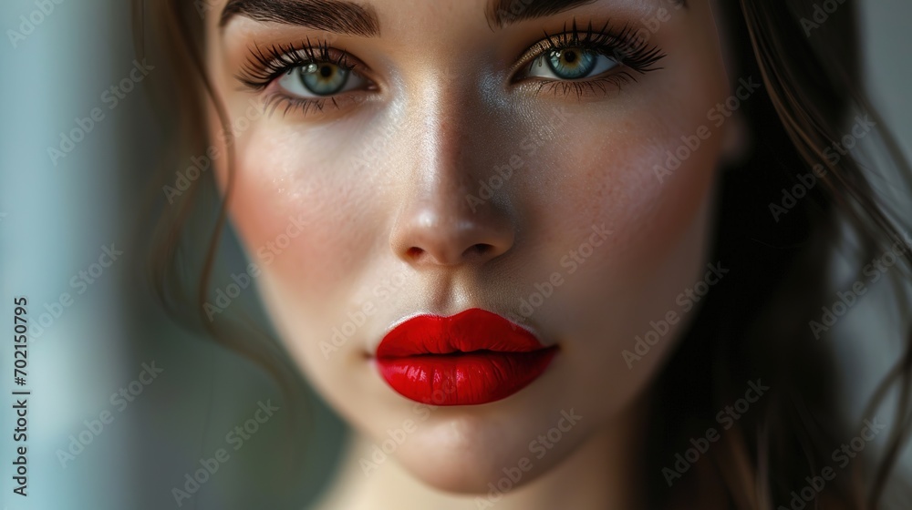 Beautiful white girl with red lips looks to the camera. Stunning brunette girl. Closeup face of young beautiful woman with a healthy clean skin Beautiful white girl with red lips looks to the camera. Stunning brunette girl. Closeup face of young beautiful woman with a healthy clean skin