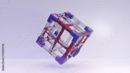Gleaming 3D cube structure rotates  its glassy frame filled with vibrant  dynamic particles.