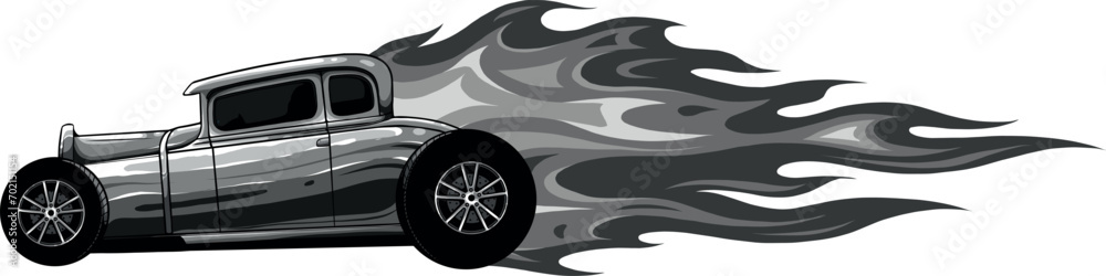 monochromatic illustration of hot rod car with flames