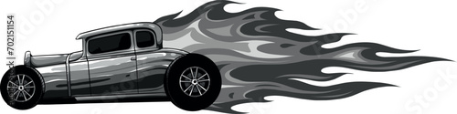 monochromatic illustration of hot rod car with flames