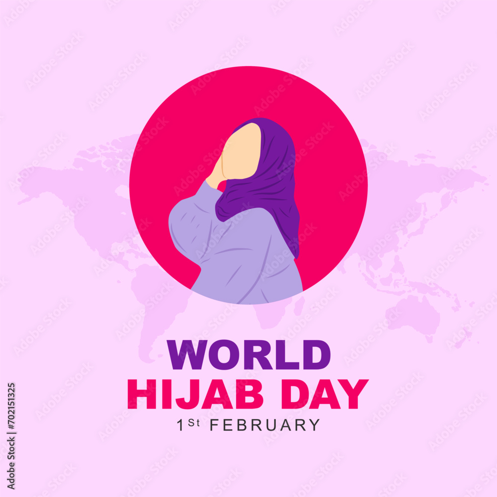 Vector illustration of World Hijab Day celebrated every year on February 1. Greeting card poster with muslim woman using hijab in flat style Vector illustration of World Hijab Day celebrated every year on February 1. Greeting card poster with muslim woman using hijab in flat style