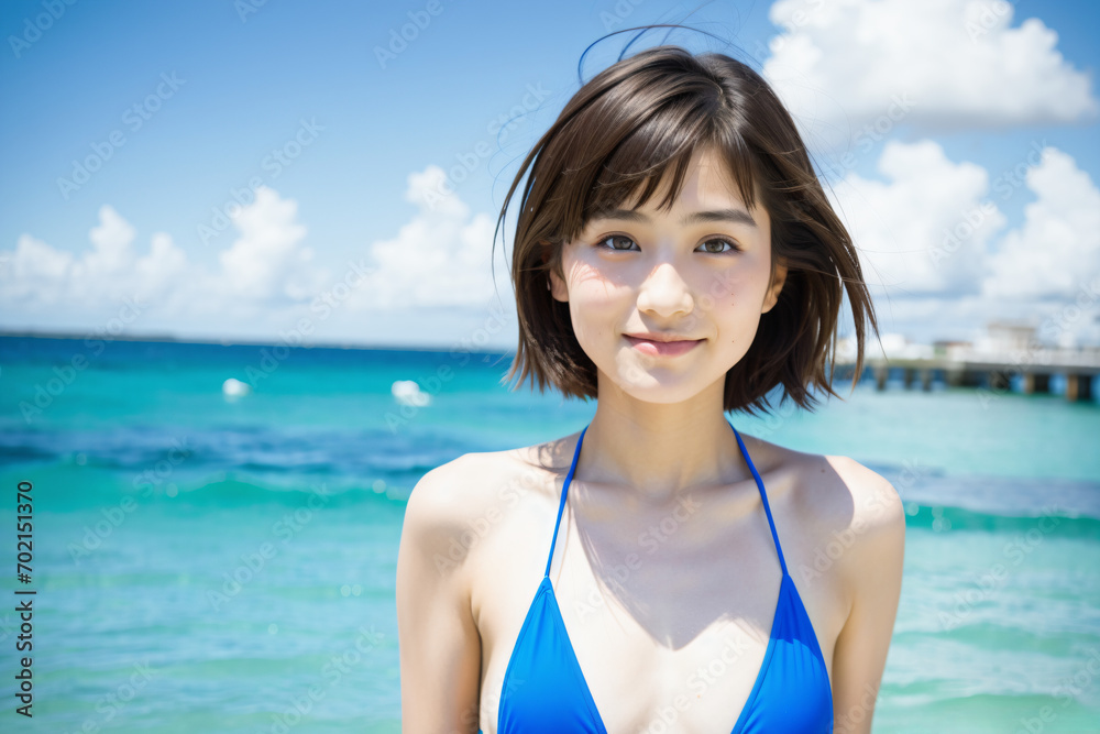 青空をバックに健康的に微笑む青いビキニ姿の若い日本人女性 青空をバックに健康的に微笑む青いビキニ姿の若い日本人女性