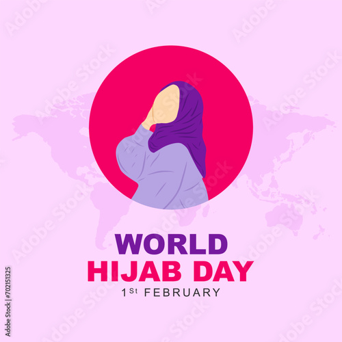 Vector illustration of World Hijab Day celebrated every year on February 1. Greeting card poster with muslim woman using hijab in flat style