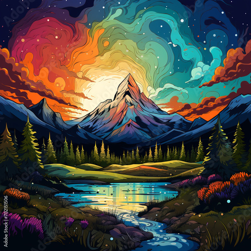 Psychedelic art of mountain with vivid color