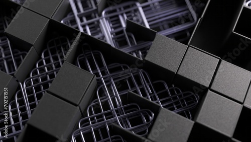 Wallpaper Mural Intricate 3D labyrinth of matte black cubes and silver grids, casting subtle shadows. Torontodigital.ca