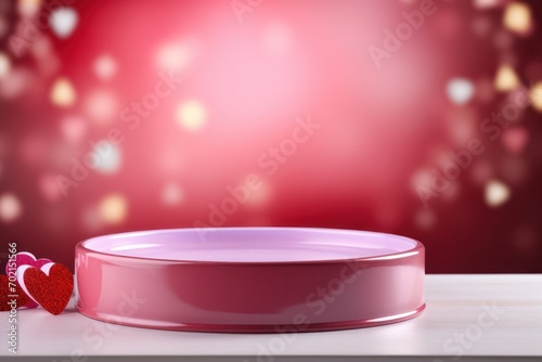 empty ceramic table for product display against bokeh light in heart shapes