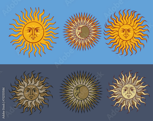  The Sun and crescent moon with face. Design elements: tattoos and stickers