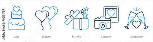 A set of 5 Honeymoon icons as cake, balloons, surprise