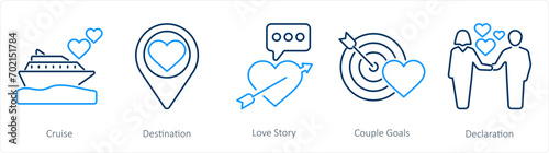 A set of 5 Honeymoon icons as cruise, destination, love story