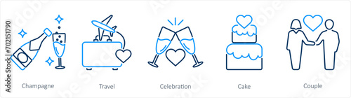 A set of 5 Honeymoon icons as champagne, travel, celebration