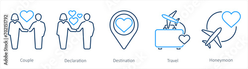 A set of 5 Honeymoon icons as couple, declaration, destination