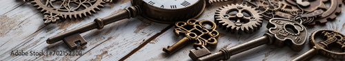 Background Of Steampunk Elements Keys Keys Jewelry Gears And Clocks On Light Gray Background