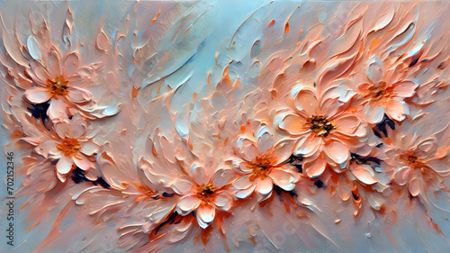 delicate spring flowers painted with oil paints on canvas in peach tones