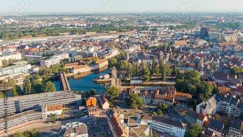 Strasbourg, France. Petite France quarter. Summer morning, Aerial View