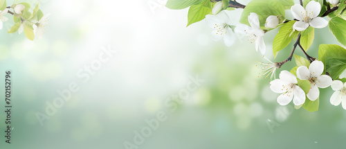Ultra wide background showing softly lit spring fruit tree branches at sunrise, creative projects