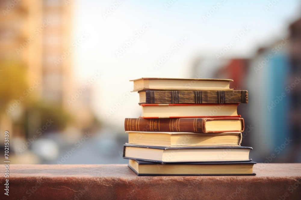 stack of books on table against blurred background stack of books on table against blurred background